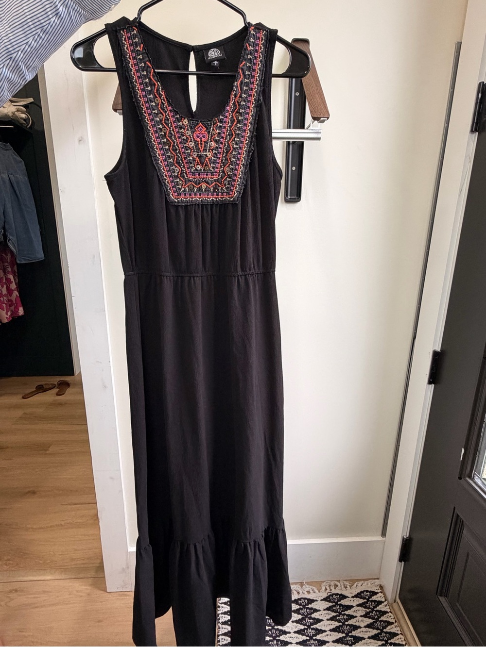 bobeau Black Maxi Dress with Pink & Orange Embroidered Yoke